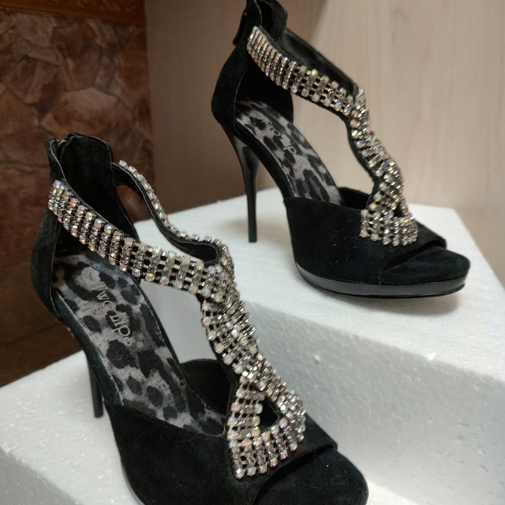 "TWO LIPS" BLACK RHINESTONE SANDALS W/4" HEEL & 1/2" PLATFORM